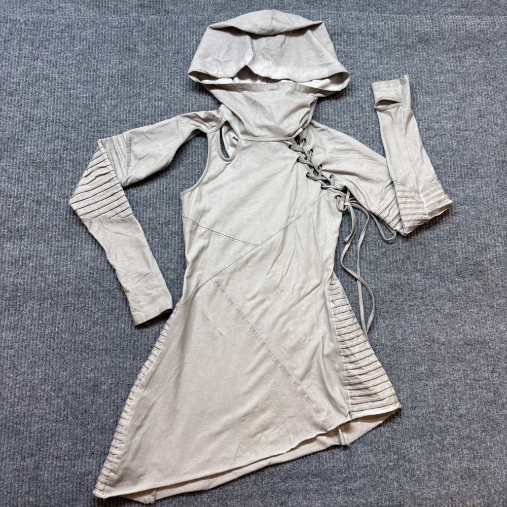 Dolls Kill Darker Wavs Void Ecru Hooded Lace Up Mini Dress Goth Cyberpunk